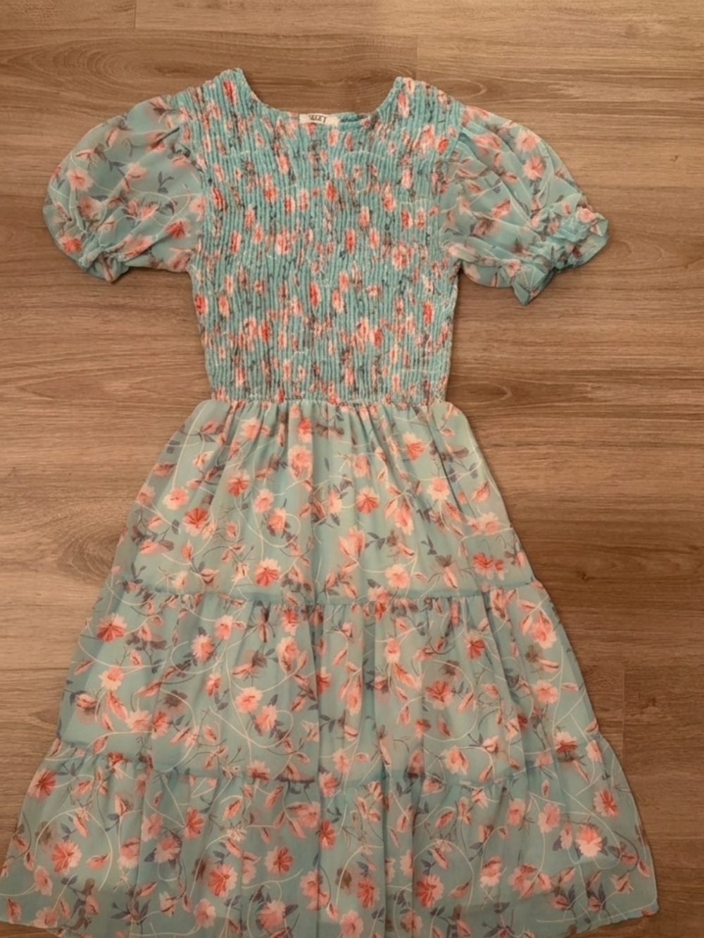 Floral Smocked Puff Sleeve Dress - Light Aqua with Coral Flowers - Picture 2 of 4